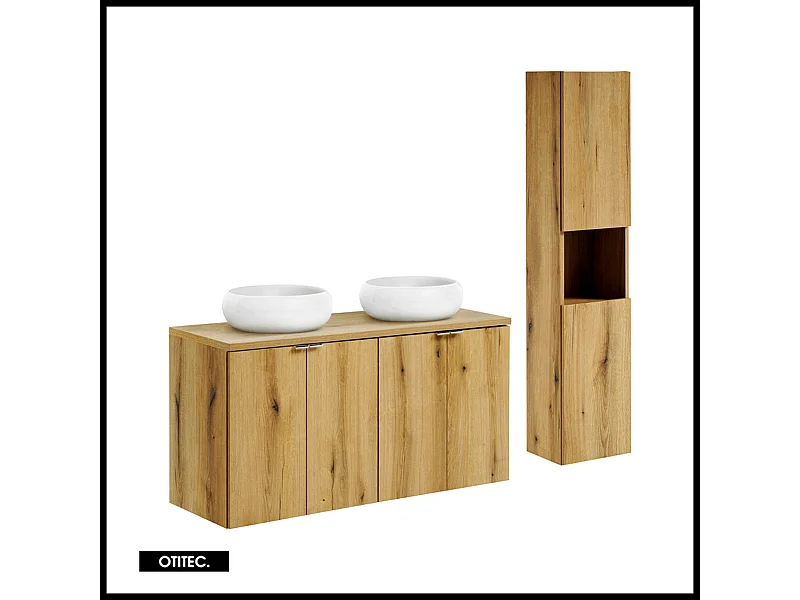 Ensemble de meuble de salle de bain - 120 cm - Oak - avec vasque à poser - avec plan - avec colonne - 4 portes - VOLTA Oak