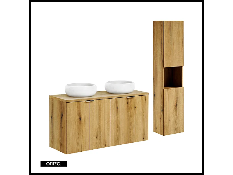 Ensemble de meuble de salle de bain - 120 cm - Oak - avec vasque à poser - avec plan - avec colonne - 4 portes - VOLTA Oak
