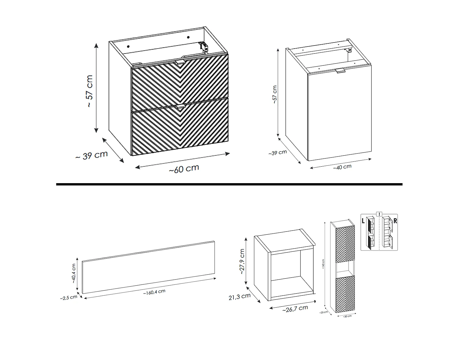 Ensemble de meuble de salle de bain - 160 cm - avec plan - avec colonne - 5 tiroirs - DANO
