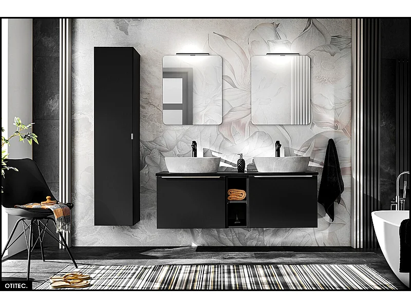 Set de meubles de salle de bain - 180 cm - avec 2 Vasques à poser et Plan - Colonne - 2 Miroirs LED - BOLD BLACK