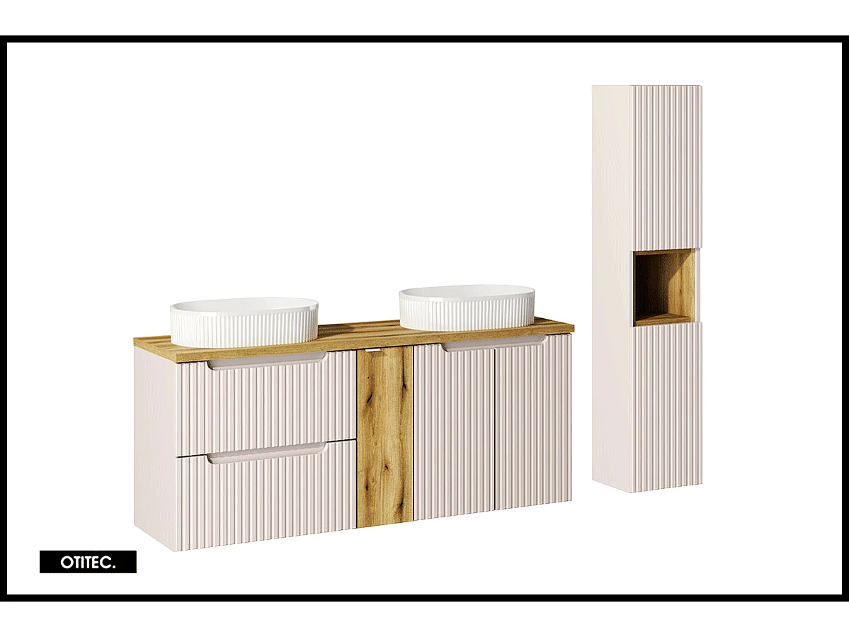 Ensemble de meuble de salle de bain - 140 cm - Cachemire Mat/Oak - avec 2 vasques à poser - avec plan - avec colonne - 2 tiroirs/portes - VOLTA CASHMERE