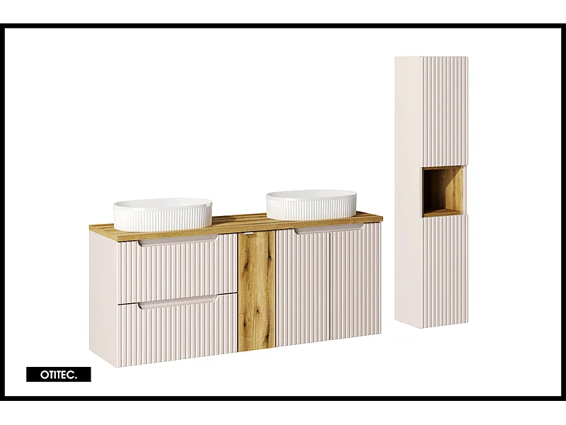 Ensemble de meuble de salle de bain - 140 cm - Cachemire Mat/Oak - avec 2 vasques à poser - avec plan - avec colonne - 2 tiroirs/portes - VOLTA CASHMERE