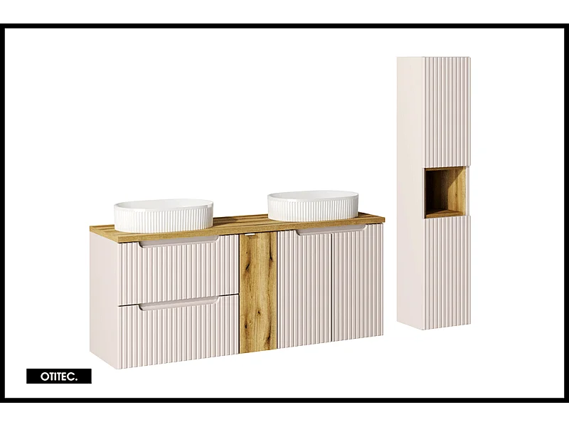 Ensemble de meuble de salle de bain - 140 cm - Cachemire Mat/Oak - avec 2 vasques à poser - avec plan - avec colonne - 2 tiroirs/portes - VOLTA CASHMERE