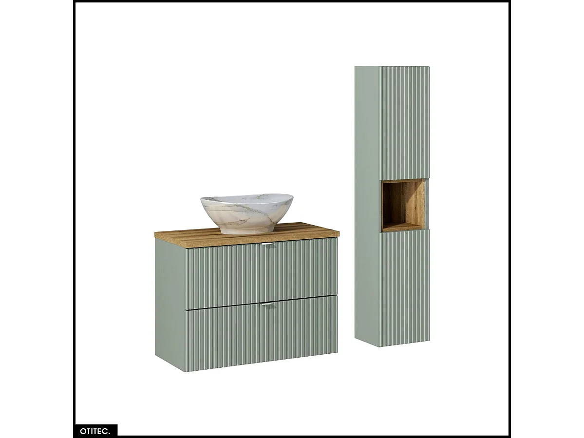 Meuble sous vasque - 80 cm - avec Plan - Vasque à poser - Colonne - Cube - ROSEAU