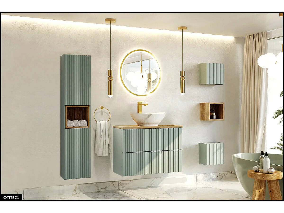 Meuble sous vasque - 80 cm - avec Plan - Vasque à poser - Colonne - Cube - ROSEAU