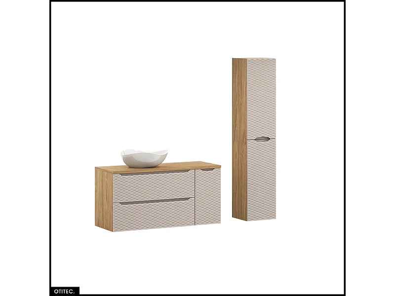 Ensemble de meubles de salle de bain - 120 cm - avec plan - avec vasque à poser - avec colonne - 2 tiroirs - SEA BEIGE