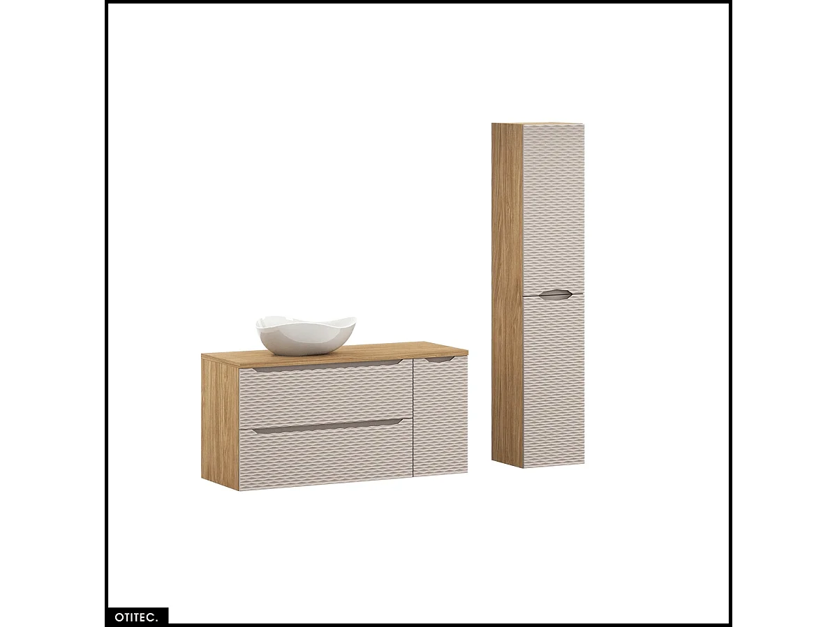 Ensemble de meubles de salle de bain - 120 cm - avec plan - avec vasque à poser - avec colonne - 2 tiroirs - SEA BEIGE