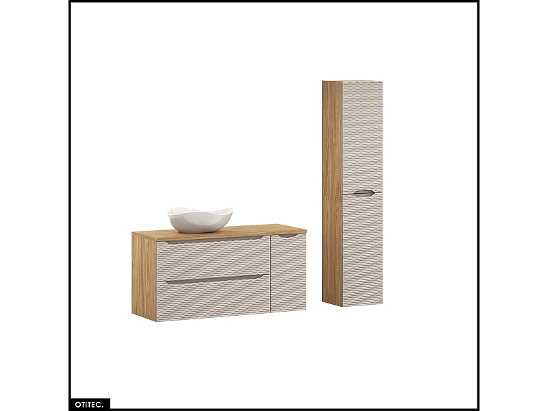 Ensemble de meubles de salle de bain - 120 cm - avec plan - avec vasque à poser - avec colonne - 2 tiroirs - SEA BEIGE