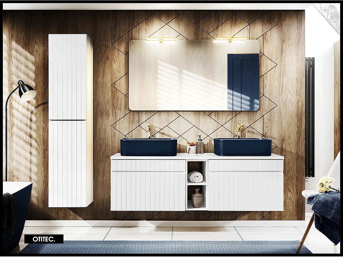 Ensemble de meuble de salle de bain - 140 cm - avec 2 vasques à poser - avec plan - avec colonne et Miroirs - 2 tiroirs - MINO
