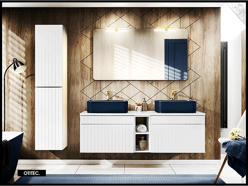 Ensemble de meuble de salle de bain - 140 cm - avec 2 vasques à poser - avec plan - avec colonne et Miroirs - 2 tiroirs - MINO