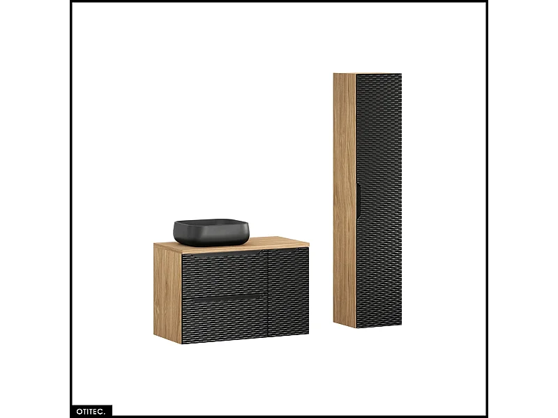 Ensemble de meubles de salle de bain - 90 cm - avec plan - avec vasque à poser - avec colonne - 2 tiroirs - SEA BLACK