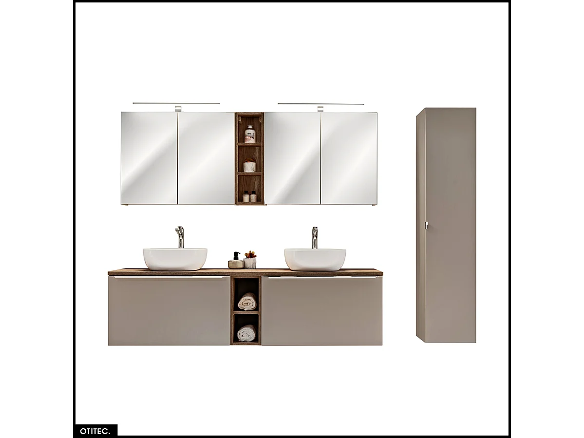 Set de meubles de salle de bain - 180 cm - avec 2 Vasques à poser et Plan - Colonne - 2 Meubles Miroirs LED - BOLD TAUPE