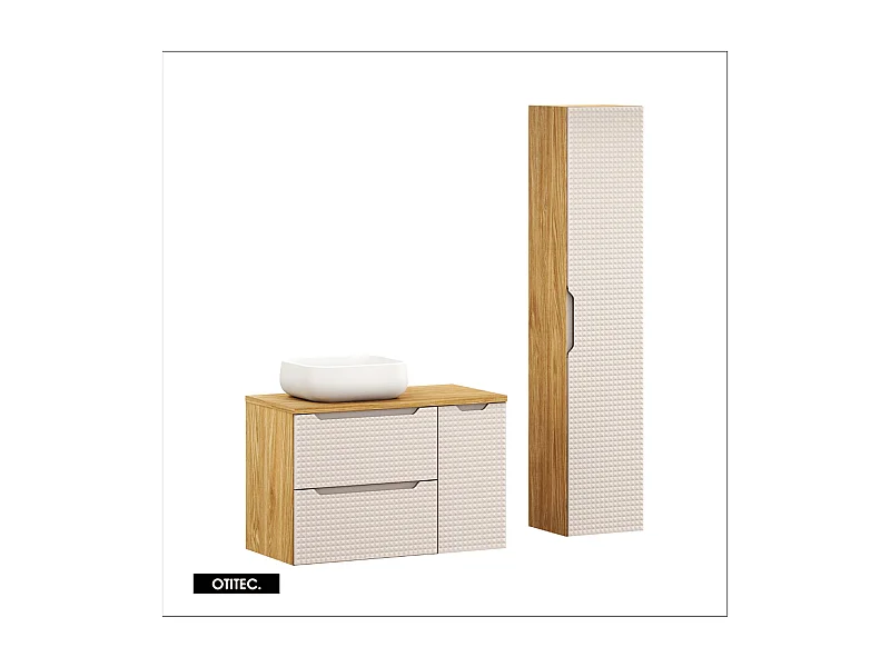 Ensemble de meuble de salle de bain - 90 cm - avec vasque à poser - avec plan - avec colonne - 3 tiroirs - SETTA