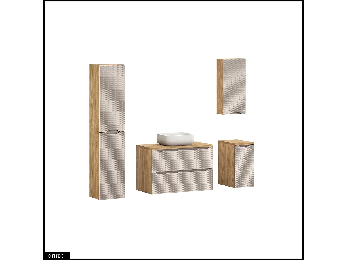 Ensemble de meubles de salle de bain - 90 cm - avec plan - avec vasque à poser - avec colonne et Meubles - 2 tiroirs - SEA BEIGE