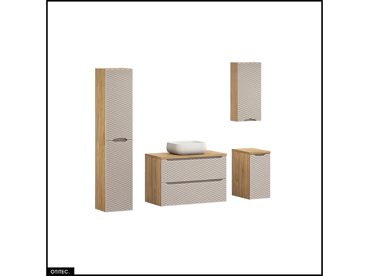Ensemble de meubles de salle de bain - 90 cm - avec plan - avec vasque à poser - avec colonne et Meubles - 2 tiroirs - SEA BEIGE