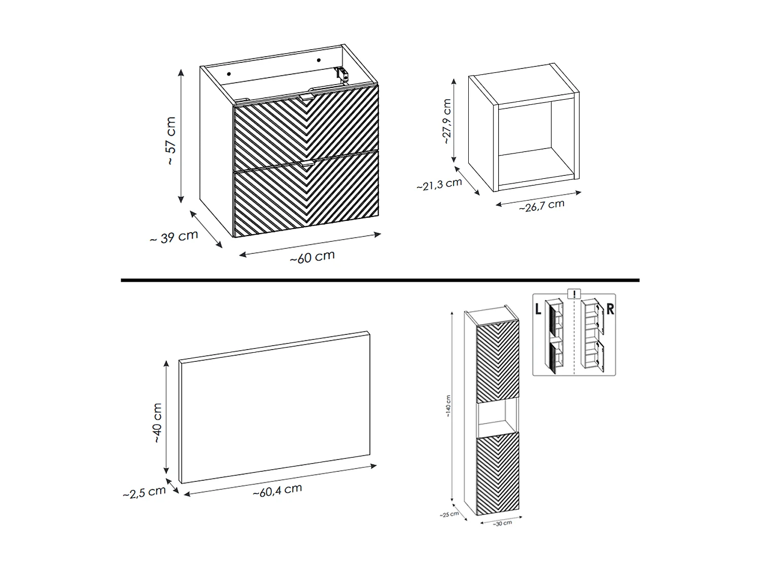 Ensemble meuble de salle de bain - 60 cm - avec plan - avec vasque à poser - avec colonne - 2 tiroirs - DANO