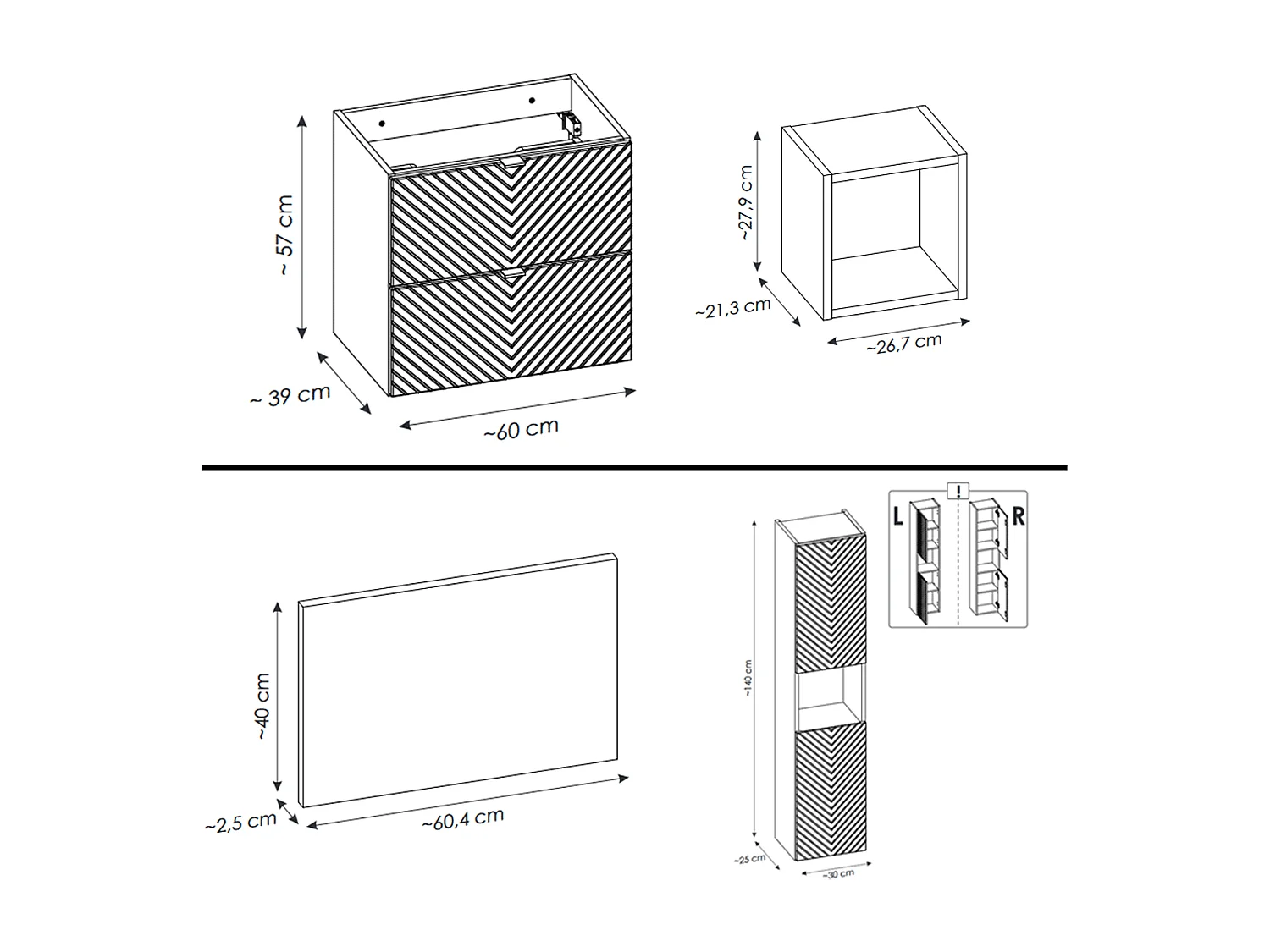Ensemble meuble de salle de bain - 60 cm - avec plan - avec vasque à poser - avec colonne - 2 tiroirs - DANO