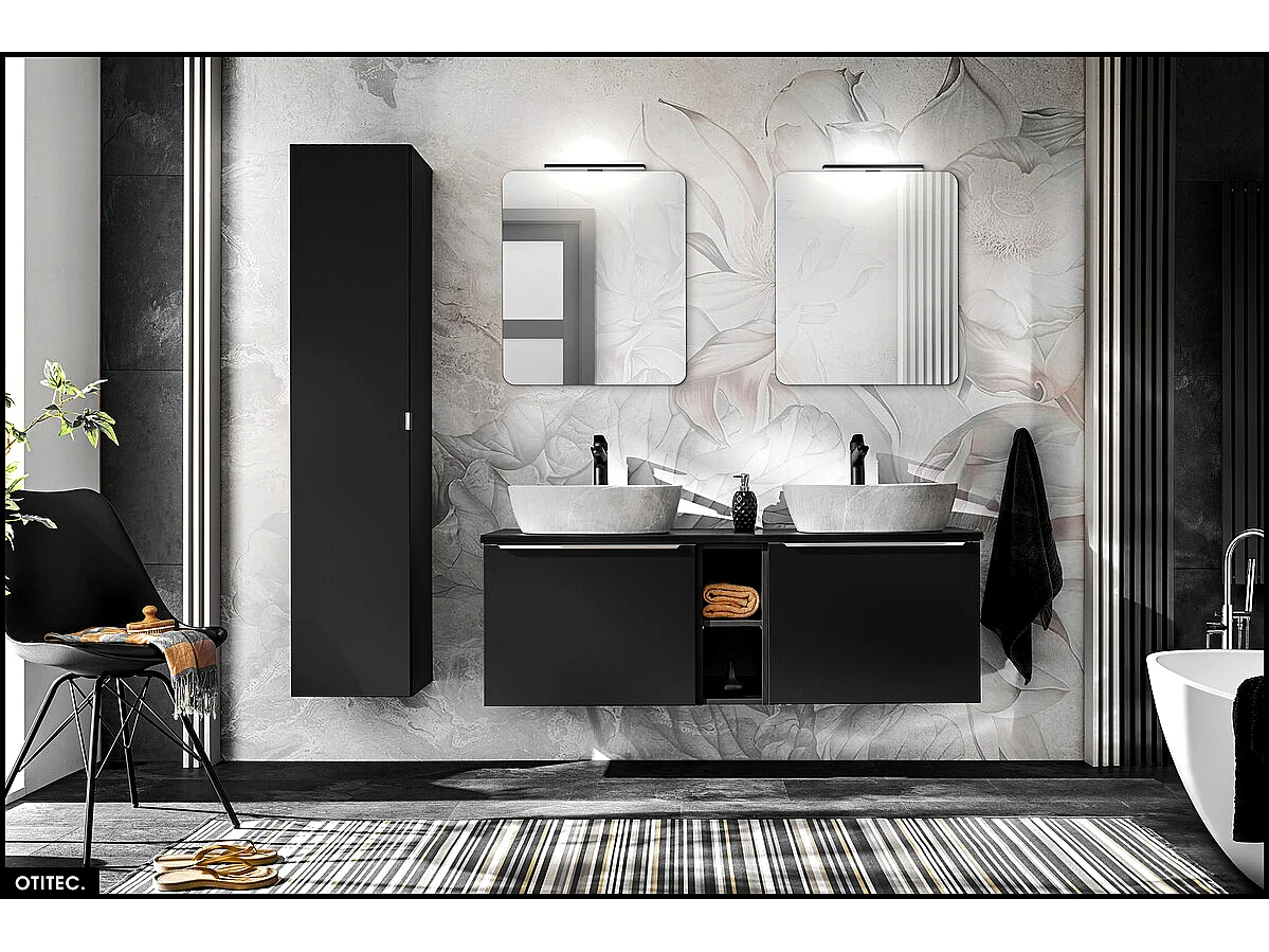 Set de meubles de salle de bain - 140 cm - avec 2 Vasques à poser et Plan - Colonne - 2 Miroirs LED - BOLD BLACK