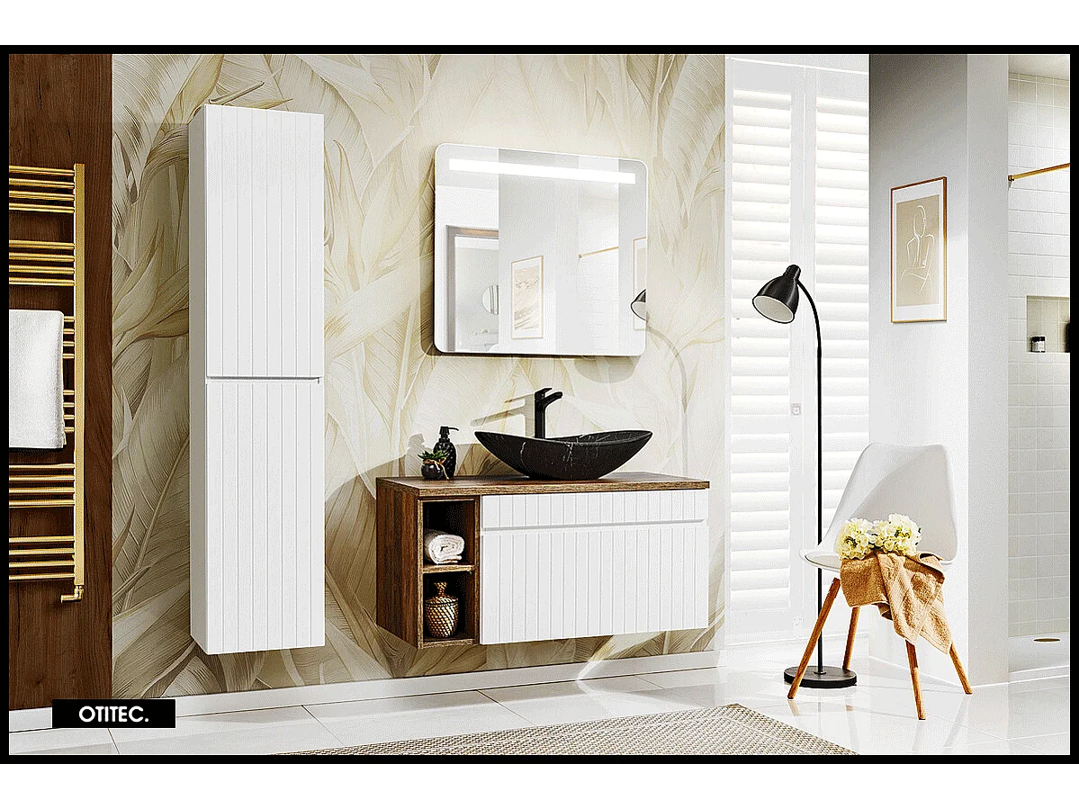 Ensemble de meuble de salle de bain - 100 cm - avec vasque à poser - avec plan - avec colonne et Miroir - 1 tiroir - MINO