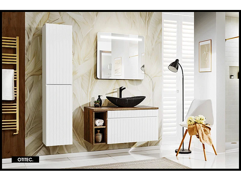 Ensemble de meuble de salle de bain - 100 cm - avec vasque à poser - avec plan - avec colonne et Miroir - 1 tiroir - MINO