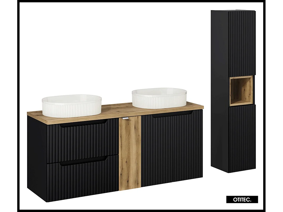 Ensemble de meuble de salle de bain - 140 cm - Noir - avec 2 vasques à poser - avec plan - avec colonne - 2 tiroirs/portes - VOLTA BLACK