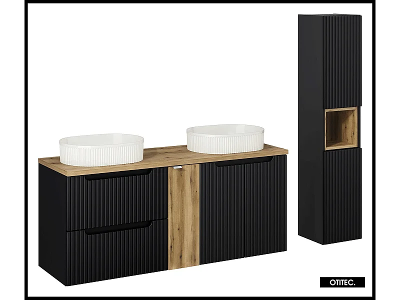 Ensemble de meuble de salle de bain - 140 cm - Noir - avec 2 vasques à poser - avec plan - avec colonne - 2 tiroirs/portes - VOLTA BLACK