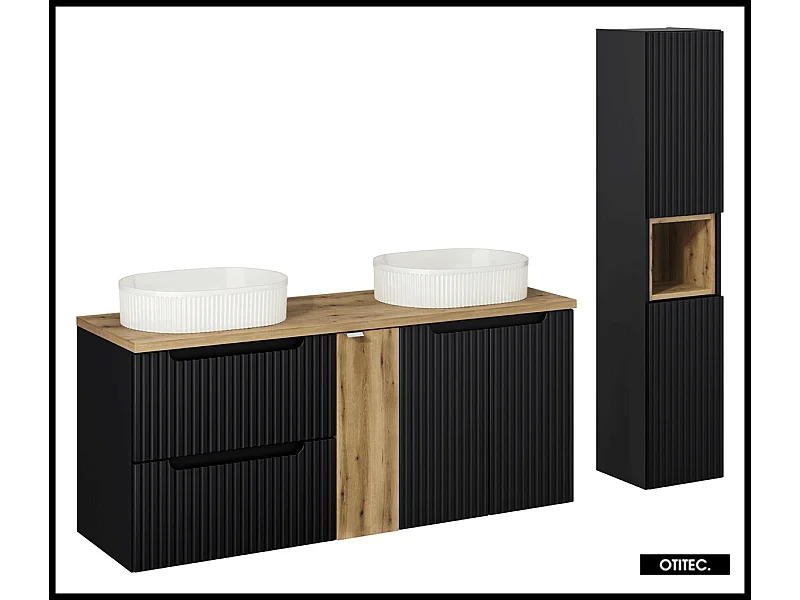 Ensemble de meuble de salle de bain - 140 cm - Noir - avec 2 vasques à poser - avec plan - avec colonne - 2 tiroirs/portes - VOLTA BLACK