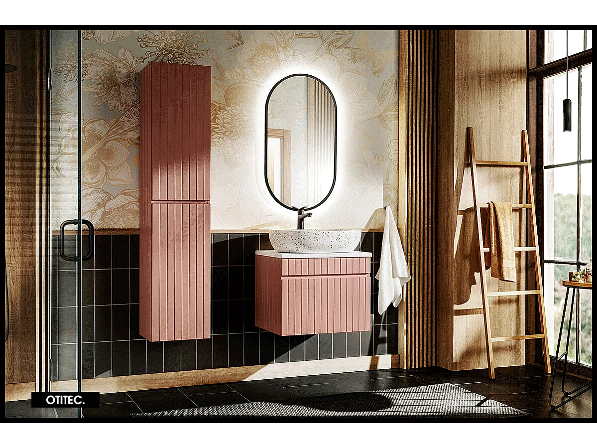 Ensemble de meuble de salle de bain - 60 cm - avec vasque à poser - avec plan - avec colonne et Miroir - 1 tiroir - MINO