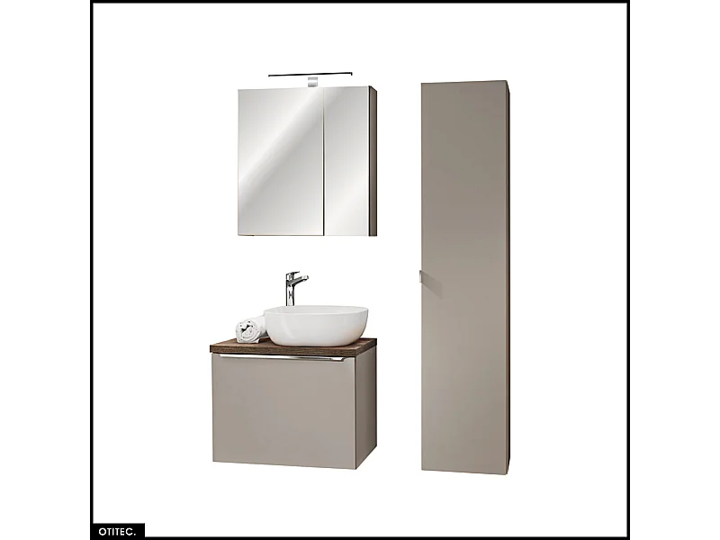 Set de meubles de salle de bain - 60 cm - avec Vasque à poser et Plan - Colonne - Meuble Miroir LED - BOLD TAUPE