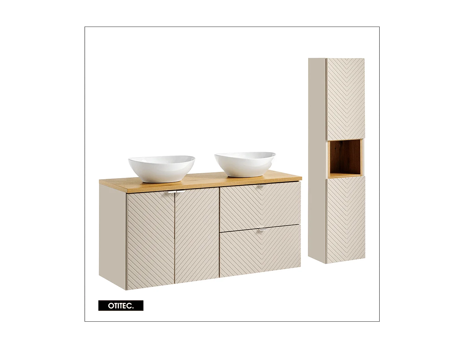 Ensemble de meuble de salle de bain - 120 cm - avec plan et colonne - 2 vasques à poser - 2 tiroirs et 2 portes - DANO