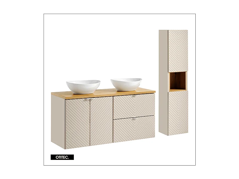 Ensemble de meuble de salle de bain - 120 cm - avec plan et colonne - 2 vasques à poser - 2 tiroirs et 2 portes - DANO