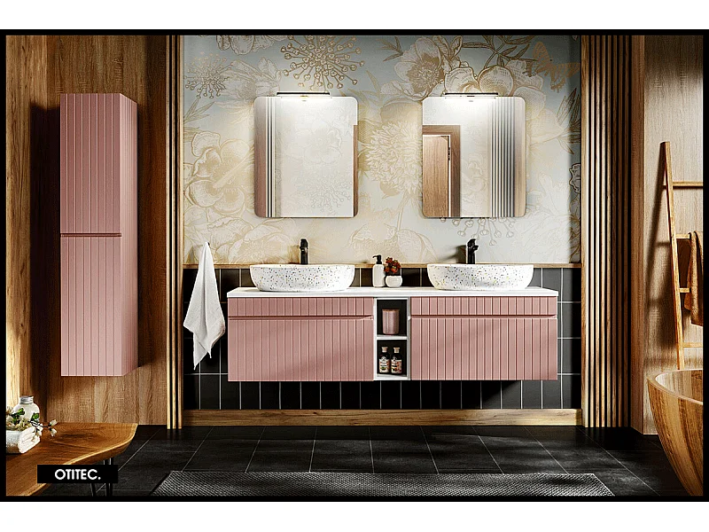 Ensemble de meuble de salle de bain - 180 cm - avec 2 vasques à poser - avec plan - avec colonne et Miroirs - 2 tiroirs - MINO