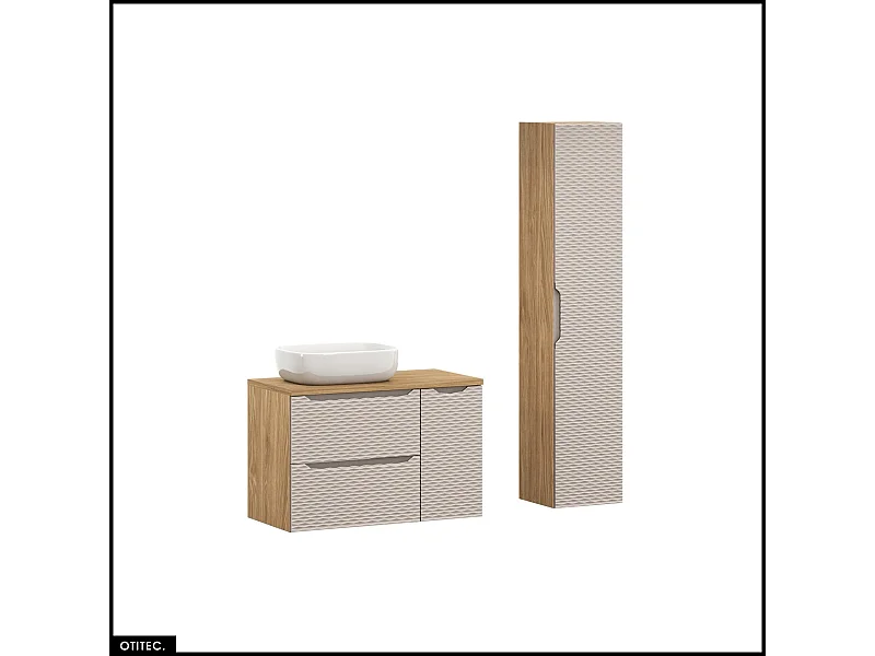 Ensemble de meubles de salle de bain - 90 cm - avec plan - avec vasque à poser - avec colonne - 2 tiroirs - SEA BEIGE