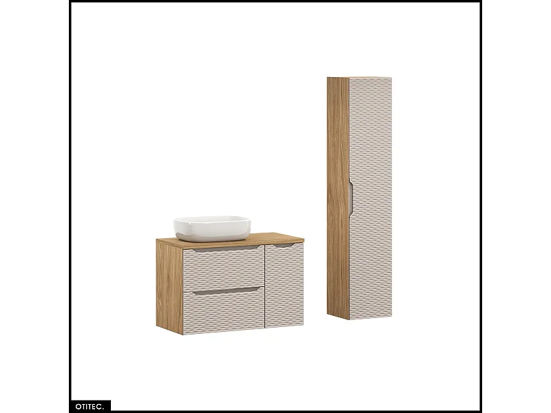 Ensemble de meubles de salle de bain - 90 cm - avec plan - avec vasque à poser - avec colonne - 2 tiroirs - SEA BEIGE