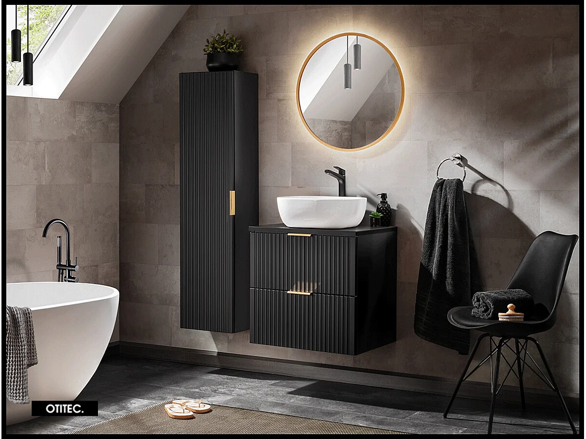 Ensemble meuble de salle de bain de 60 cm - avec plan - avec vasque - avec colonne - avec Miroir - LIVA BLACK