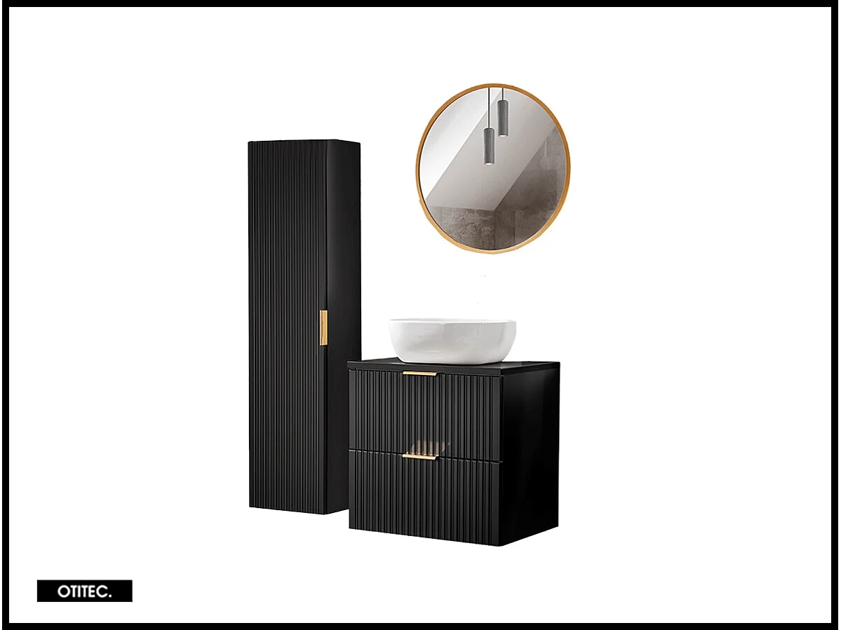 Ensemble meuble de salle de bain de 60 cm - avec plan - avec vasque - avec colonne - avec Miroir - LIVA BLACK
