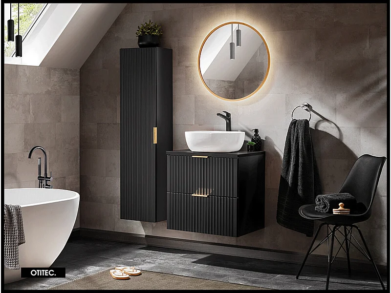 Ensemble meuble de salle de bain de 60 cm - avec plan - avec vasque - avec colonne - avec Miroir - LIVA BLACK