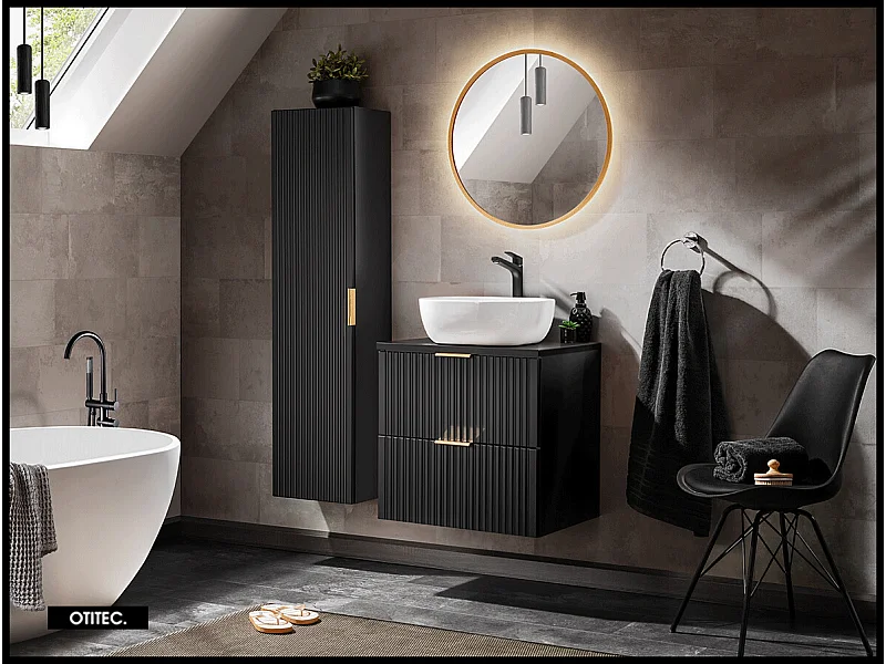 Ensemble meuble de salle de bain de 60 cm - avec plan - avec vasque - avec colonne - avec Miroir - LIVA BLACK