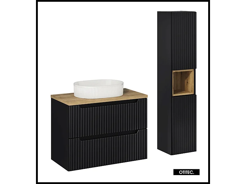 Ensemble de meuble de salle de bain - 80 cm - Noir/Oak - avec vasque à poser - avec plan - avec colonne - 2 portes - VOLTA BLACK