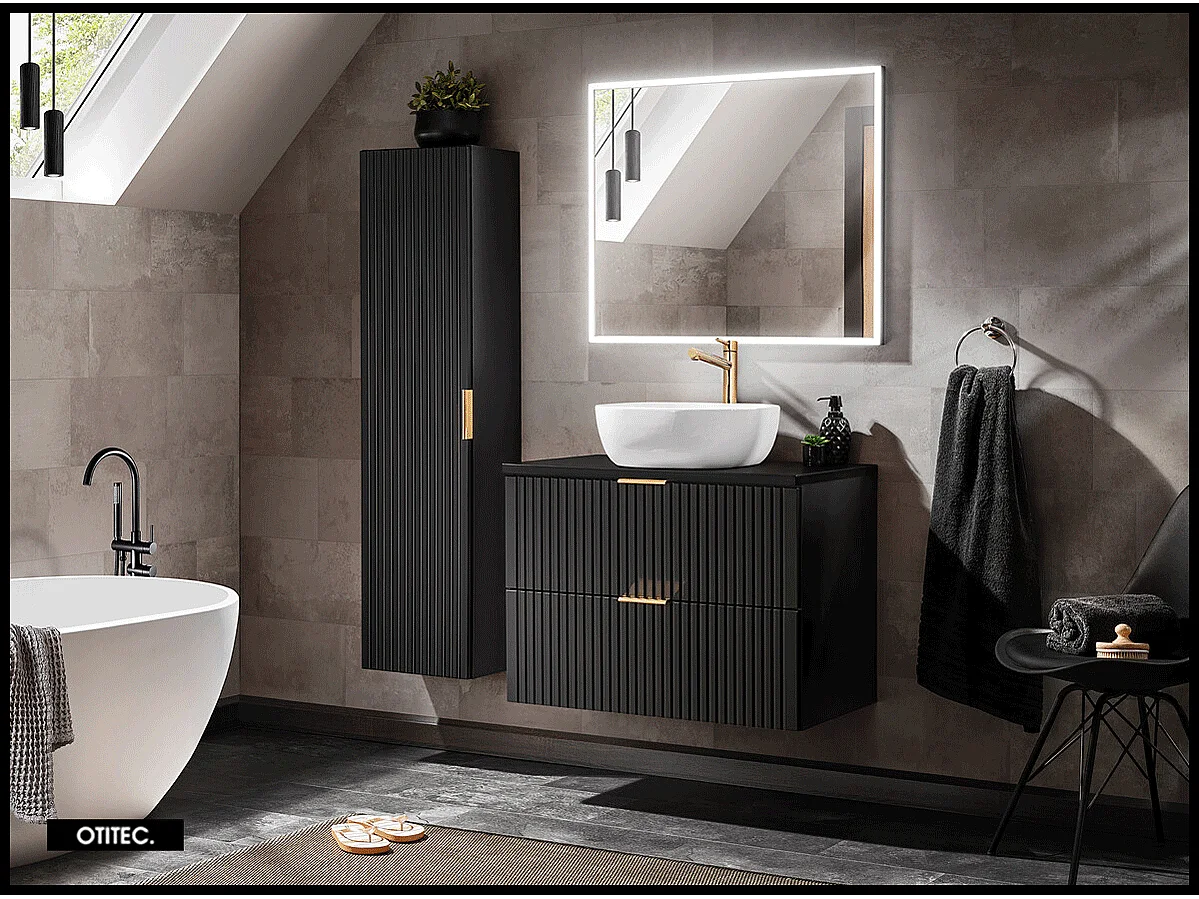 Ensemble meuble de salle de bain de 120 cm - avec plan - avec 2 vasques - avec Miroir - avec colonne - LIVA BLACK