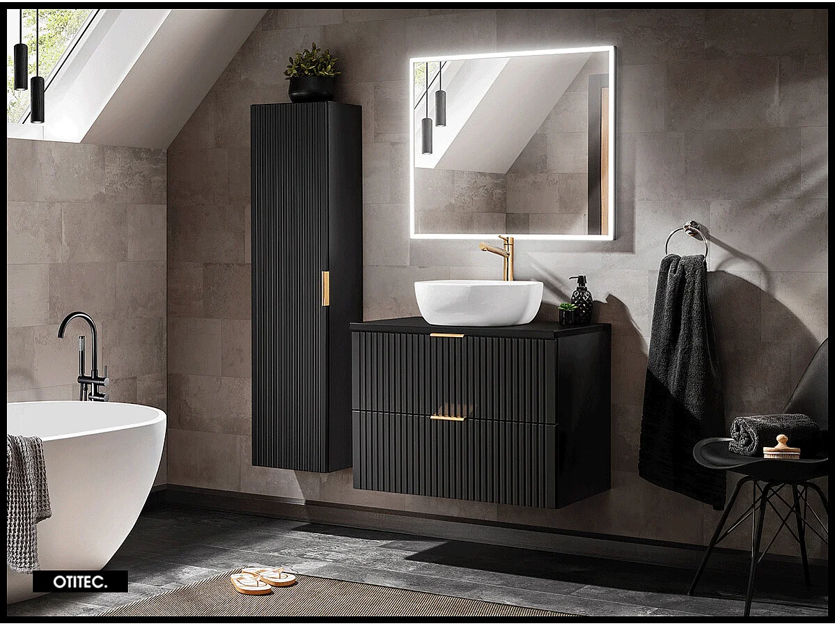 Ensemble meuble de salle de bain de 120 cm - avec plan - avec 2 vasques - avec Miroir - avec colonne - LIVA BLACK