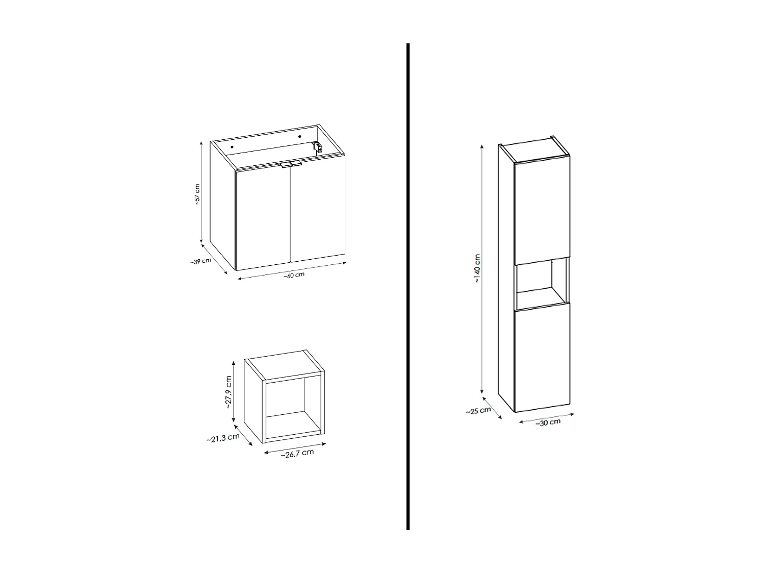Ensemble de meuble de salle de bain - 60 cm - Noir/Oak - avec vasque à poser - avec plan - avec colonne - 2 portes - VOLTA Oak