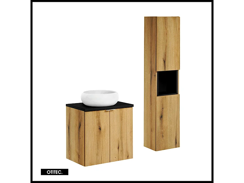 Ensemble de meuble de salle de bain - 60 cm - Noir/Oak - avec vasque à poser - avec plan - avec colonne - 2 portes - VOLTA Oak