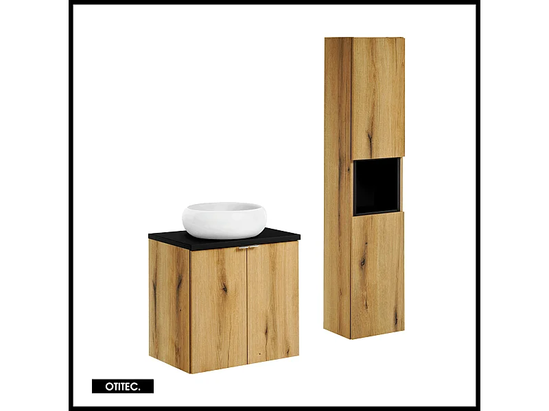 Ensemble de meuble de salle de bain - 60 cm - Noir/Oak - avec vasque à poser - avec plan - avec colonne - 2 portes - VOLTA Oak