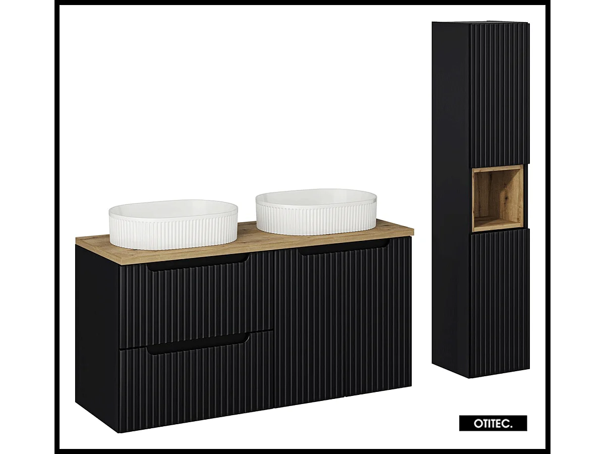 Ensemble de meuble de salle de bain - 120 cm - Noir - avec 2 vasques à poser - avec plan - avec colonne - 2 tiroirs/portes - VOLTA BLACK