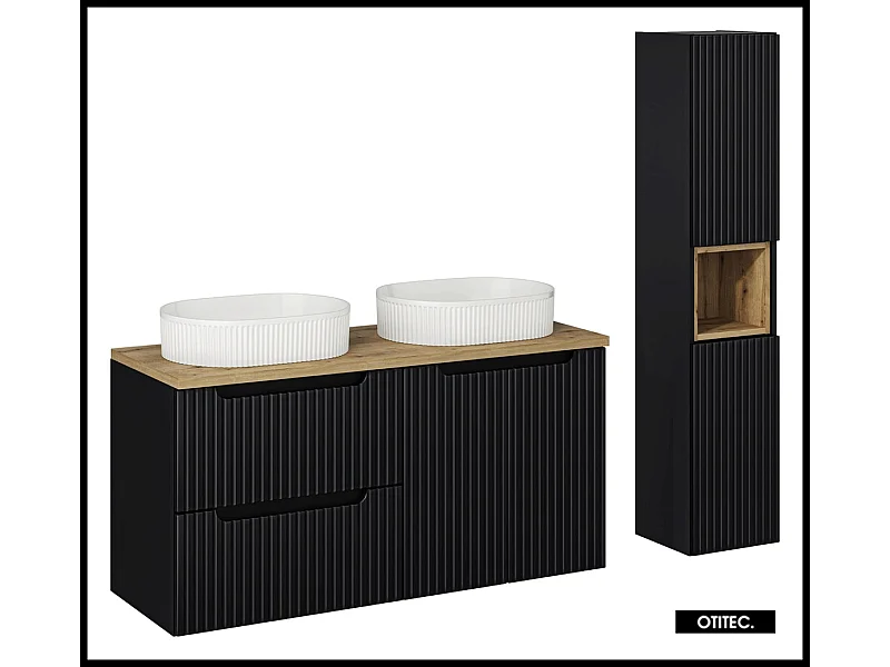 Ensemble de meuble de salle de bain - 120 cm - Noir - avec 2 vasques à poser - avec plan - avec colonne - 2 tiroirs/portes - VOLTA BLACK