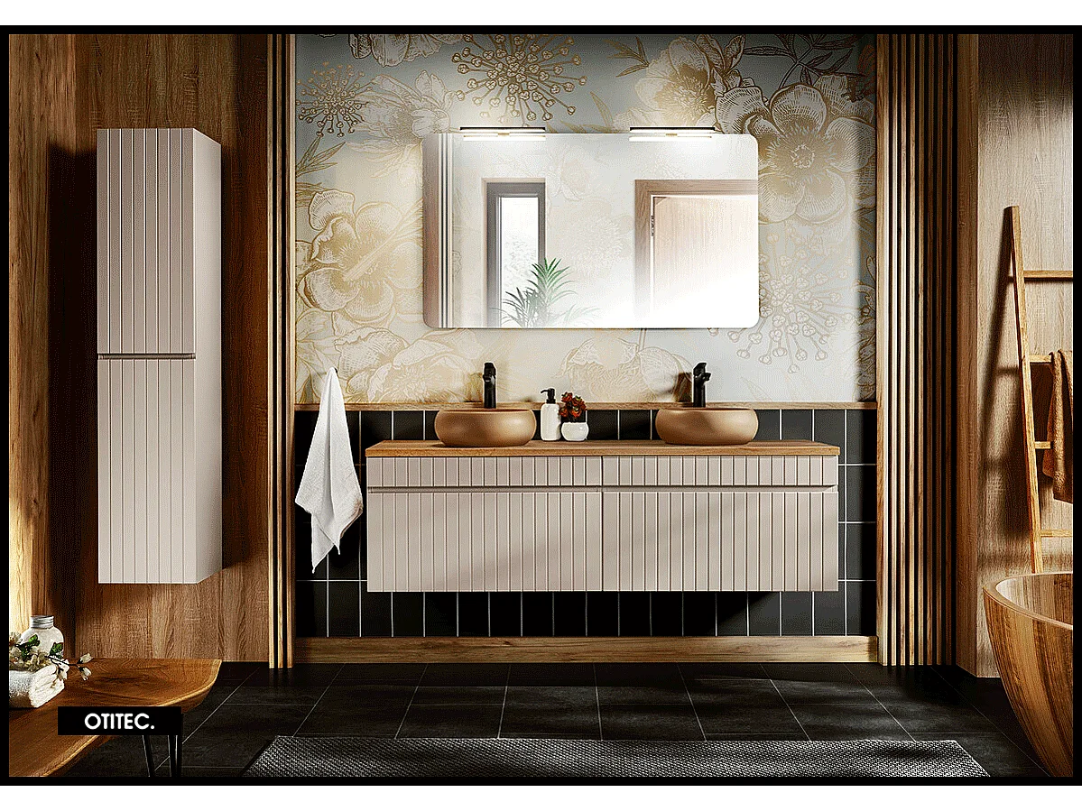 Ensemble de meuble de salle de bain - 160 cm - avec 2 vasques à poser - avec plan - avec colonne et Miroir - 2 tiroirs - MINO