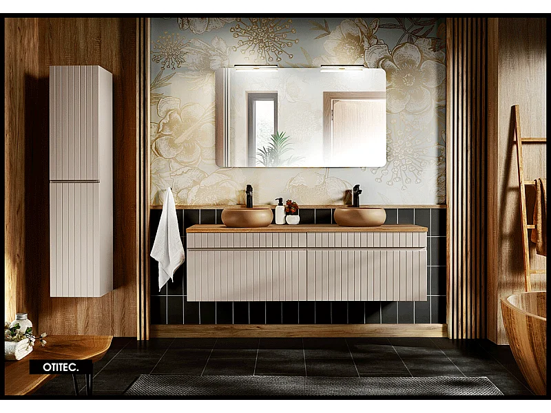 Ensemble de meuble de salle de bain - 160 cm - avec 2 vasques à poser - avec plan - avec colonne et Miroir - 2 tiroirs - MINO