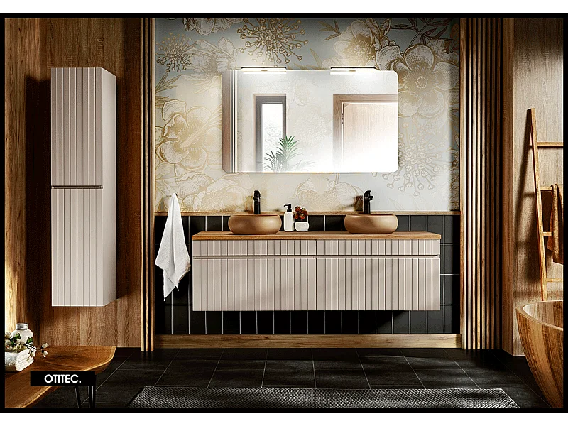 Ensemble de meuble de salle de bain - 160 cm - avec 2 vasques à poser - avec plan - avec colonne et Miroir - 2 tiroirs - MINO