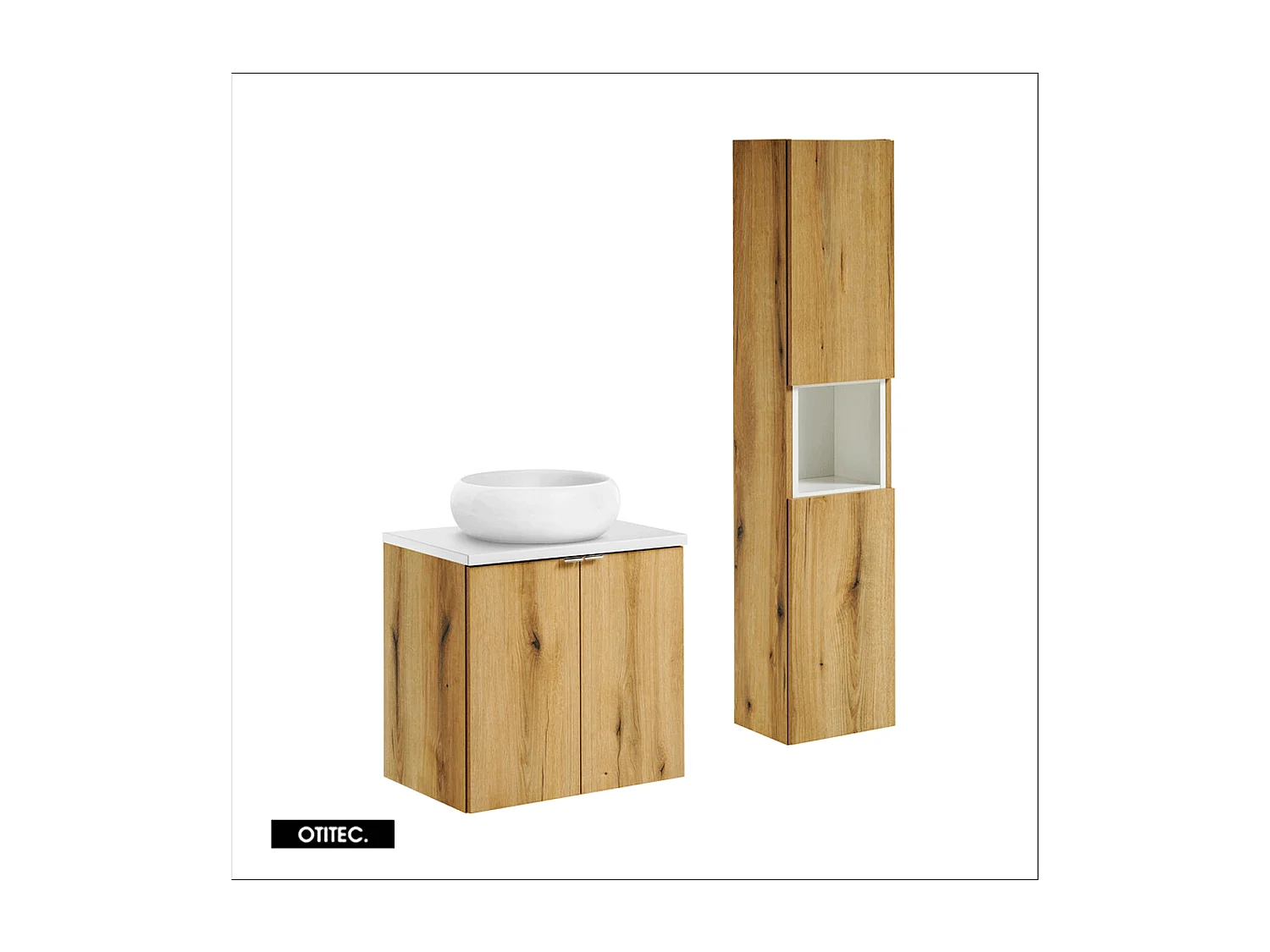 Ensemble de meuble de salle de bain - 60 cm - Oak/Blanc - avec vasque à poser - avec plan - avec colonne - 2 portes - VOLTA Oak